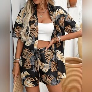 Tropical Leaf Print Kimono and Shorts Set